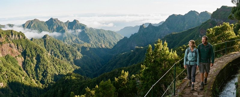 Hikers on a levada trail in the Madeira mountains