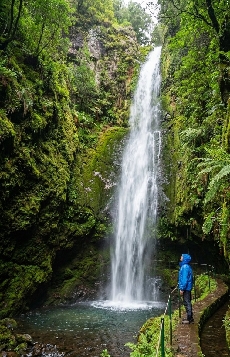 Hiker on a levada trail with a waterfall in Madeira